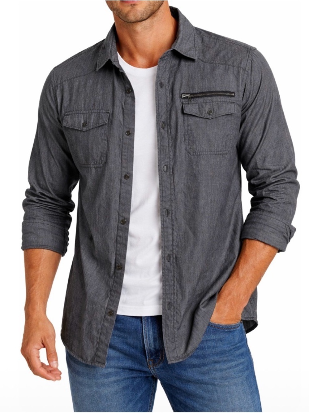 Rock & Republic Western shirt button down zip front pocket Charcoal gray SZ XL